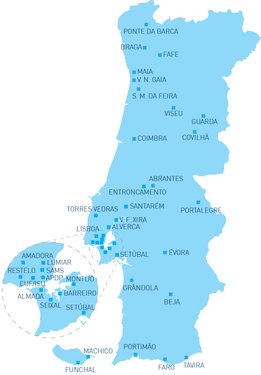 Carte présentant tous les centres de dialyse NephroCare au Portugal